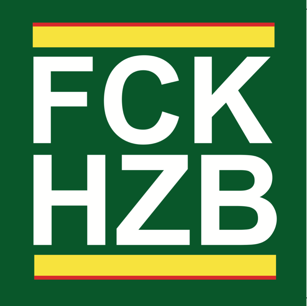 Sticker vert avec "FCK HZB" (car on emmerde le Hezbollah)