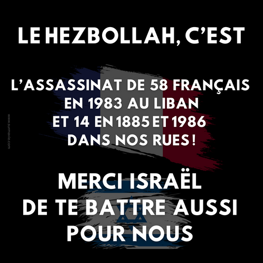 "LE HEZBOLLAH, C’EST L’ASSASSINAT DE 58 FRANÇAIS EN 1983 AU LIBAN ET 14 EN 1885 ET 1986 DANS NOS RUES !" Sticker noir