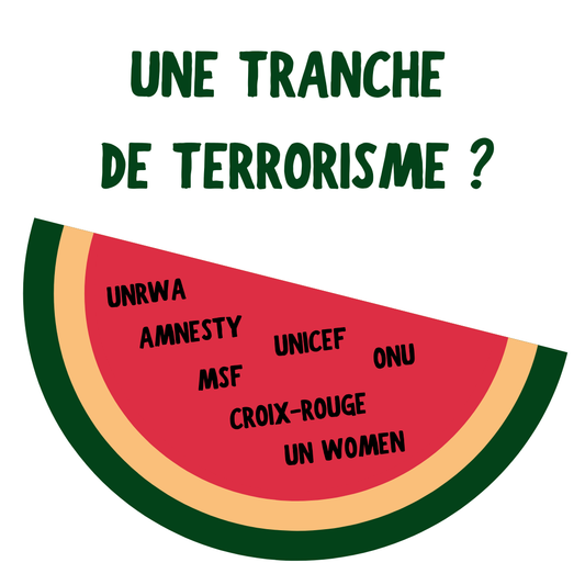 Sticker "Une tranche de terrorisme" représentant une tranche de pastèque avec toutes les organisations proches du terrorisme du Hamas, comme l'UNRWA, Amnesty international, MSF, UNICEF, Croix-Rouge, UN WOMEN, l'ONU